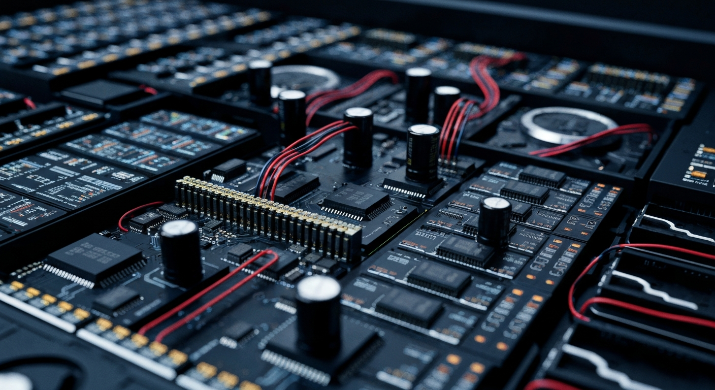 An extreme close-up of the intricate, metallic components and circuits of a high-performance computer, conceptually representing the complex financial machinery behind the gaming industry.