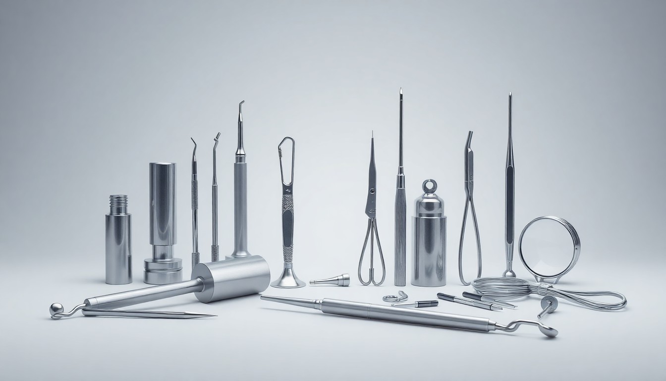 A high-end studio still life photograph featuring a collection of shiny, metallic medical devices and surgical tools arranged in a minimalist, elegant composition on a plain background, conveying the precision and innovation of the medical technology industry.