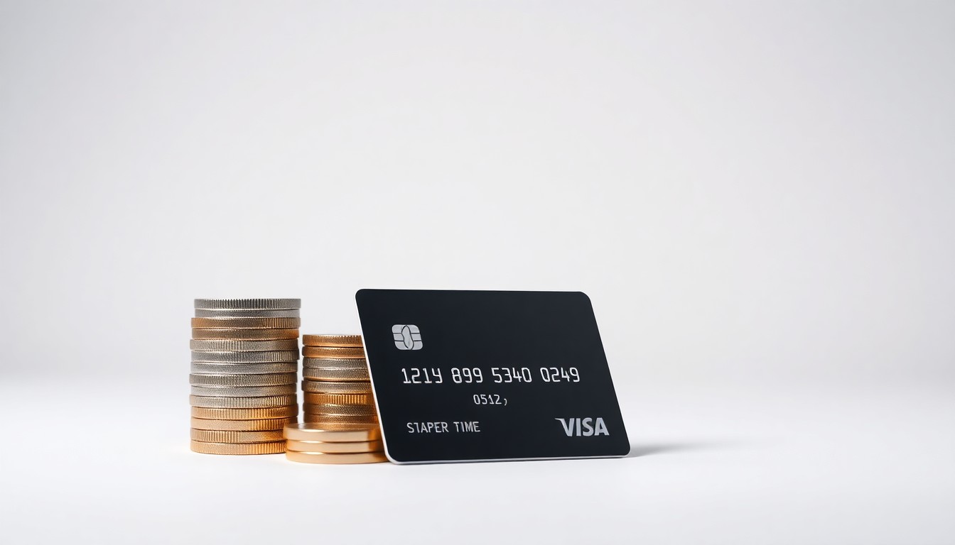 A photorealistic studio still-life featuring polished metal coins, a sleek black credit card, and a minimalist digital display, conceptually representing the abstract ideas of corporate finance, instant payments, and digital cash flow.