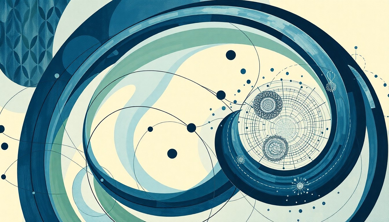 A highly textured, abstract painting in soft shades of blue, green, and gray, featuring sweeping geometric arcs, concentric circles, and precise botanical spirals, conceptually representing the complex interconnections and data flows within a global biobank network.