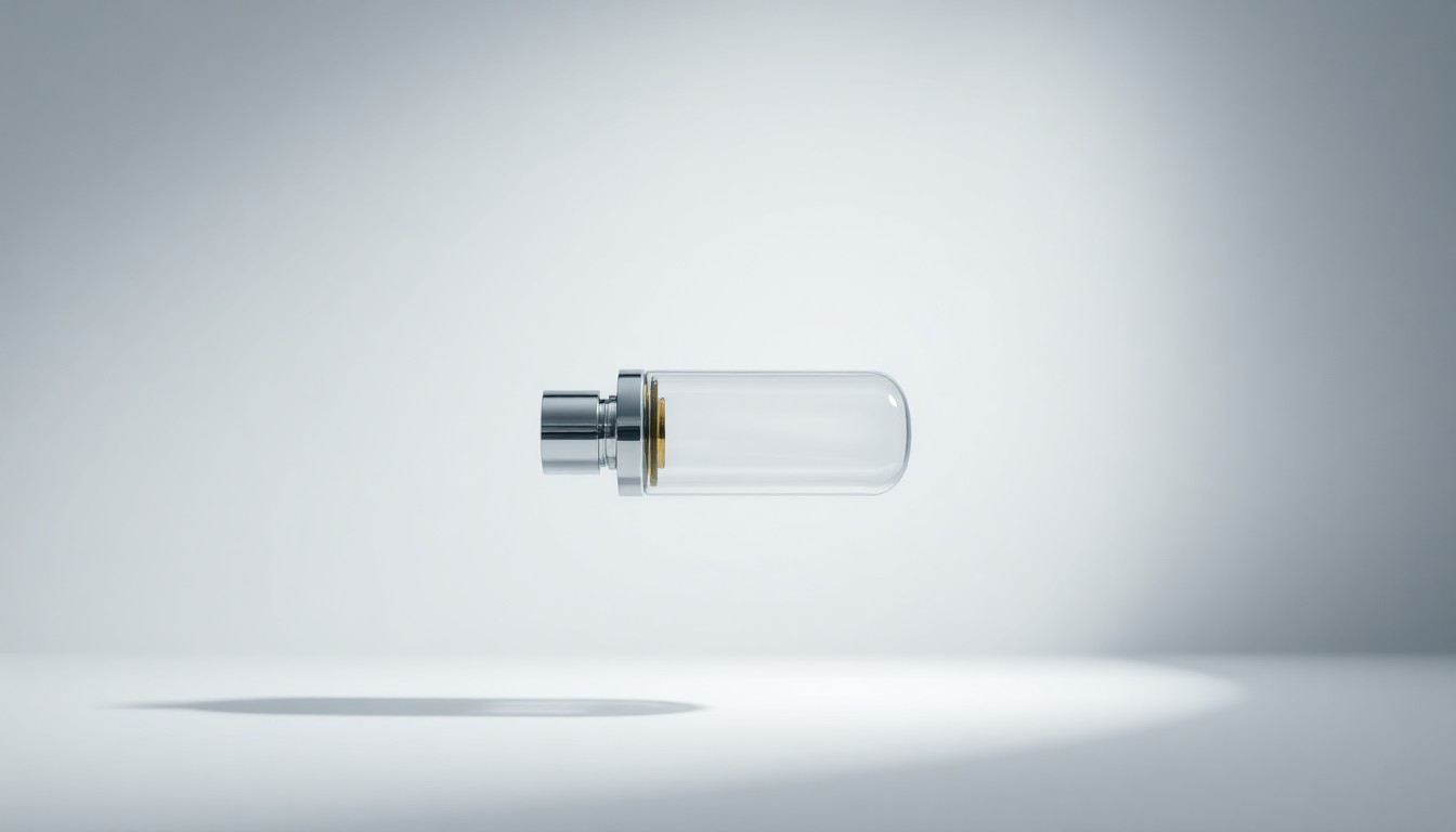 A photorealistic studio still life of a sleek, modern medical device or pharmaceutical product made of polished metal and glass, floating on a clean, monochromatic background and dramatically lit to represent innovation and progress in the biotechnology industry.