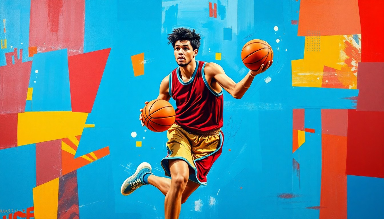 A fragmented, geometric painting depicting a basketball player in motion, with sharp planes of blue, red, and yellow hues conceptually representing the skill and energy of the all-state honoree.