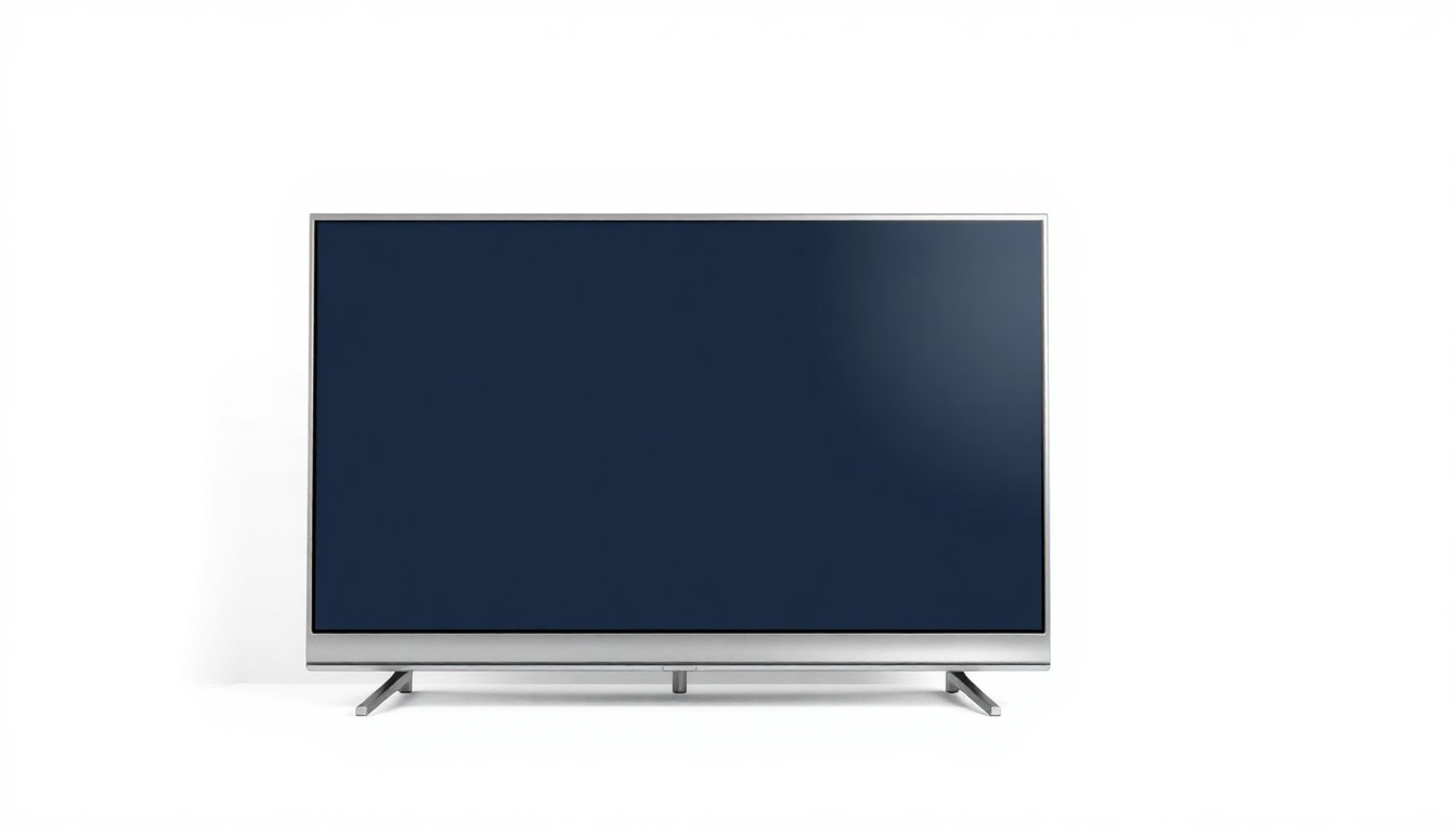 A high-end, photorealistic studio still-life photograph of a sleek, modern television set made of brushed aluminum and glass, resting on a clean, white seamless background, conveying a sense of technological sophistication and media industry success.