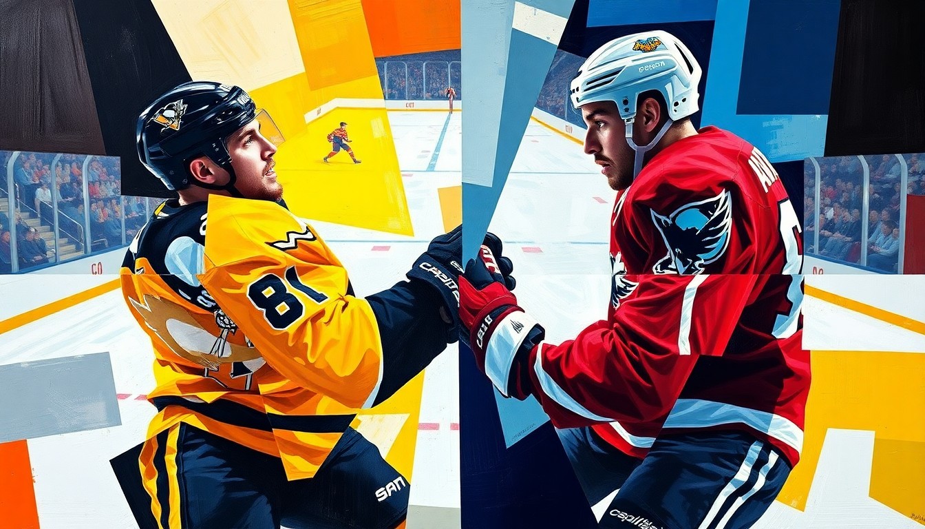 A fractured, multi-perspective painting depicting a hockey game, with the players' forms broken down into sharp, overlapping geometric shapes in the colors of the Penguins and Capitals uniforms.