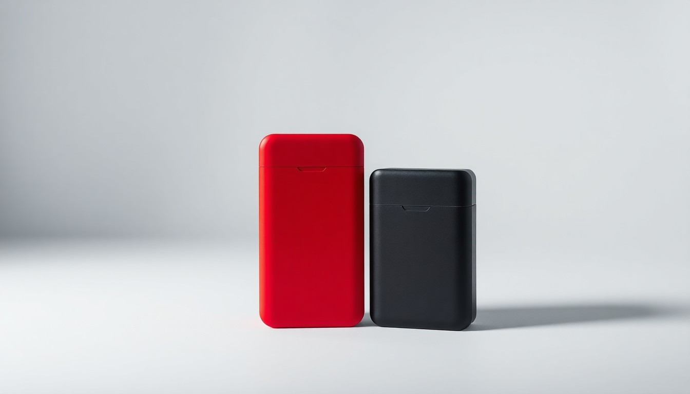 A minimalist studio photograph featuring two premium, matte-finished nicotine pouch canisters in contrasting colors, arranged elegantly on a clean, monochromatic background using dramatic lighting and deep shadows to convey a sense of quality and corporate strategy.