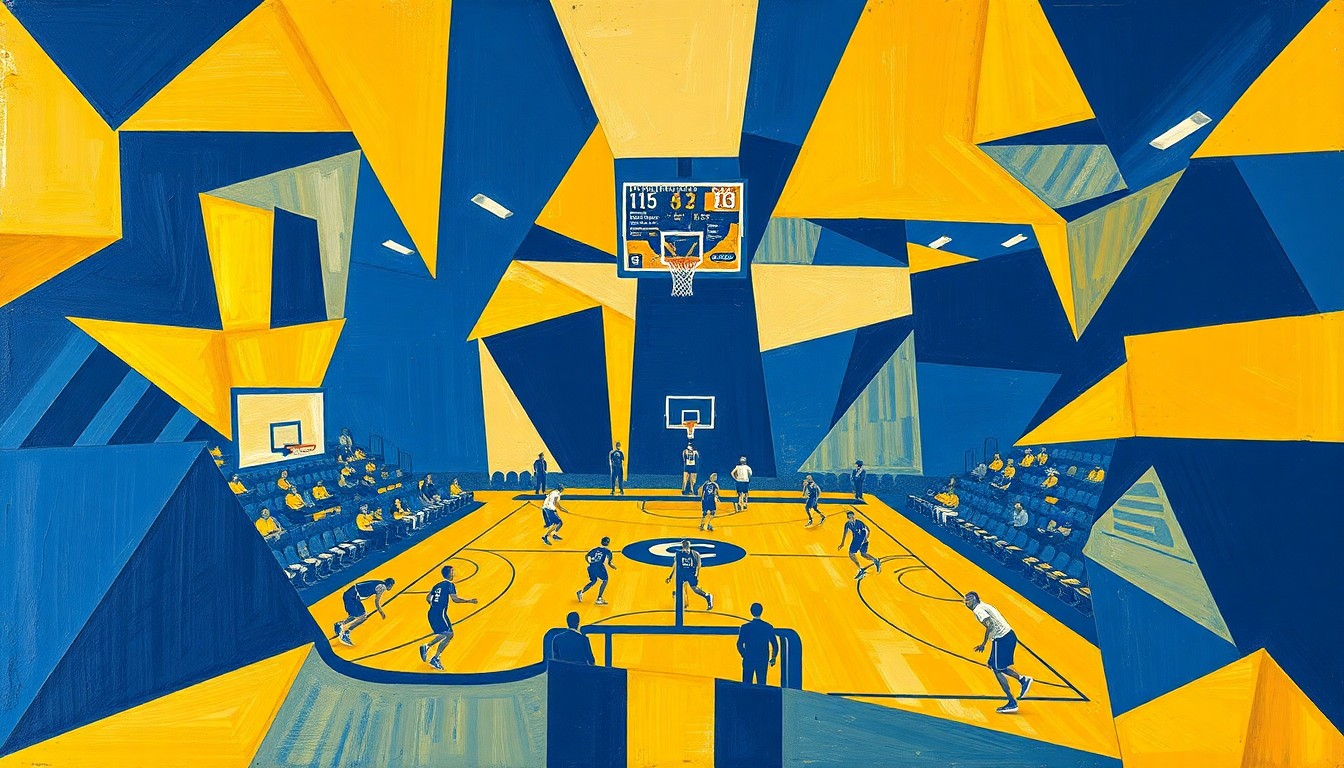 A cubist, geometric painting in navy blue and gold hues, capturing the movement and energy of a high school basketball game through fragmented, overlapping shapes and planes.