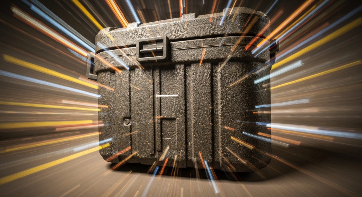 An abstract, sweeping image of an Igloo Gripper CoolBox, its rugged texture and vibrant colors blurred into dynamic streaks of motion, conveying the energy and demands of a blue-collar workday.
