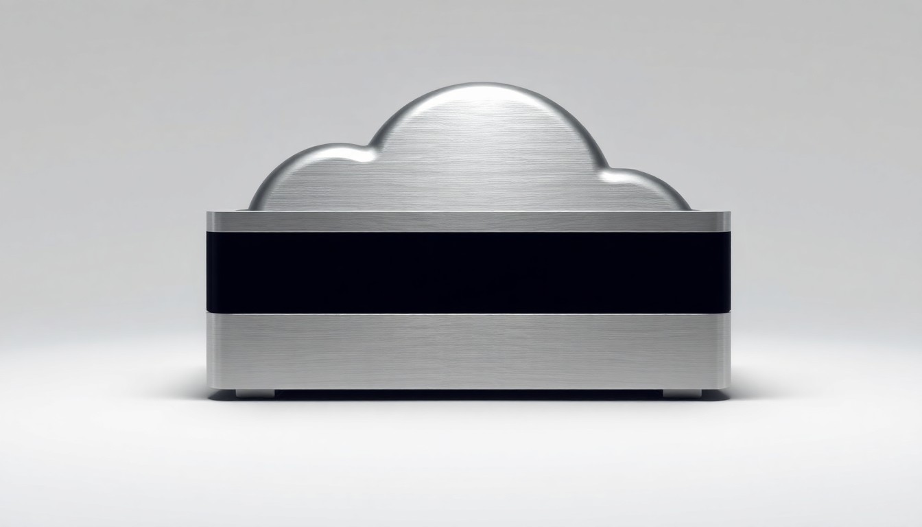 A highly reflective, polished metal and glass data storage device resting on a clean, monochromatic background, dramatically lit to symbolize the abstract concepts of cloud computing and enterprise data management.