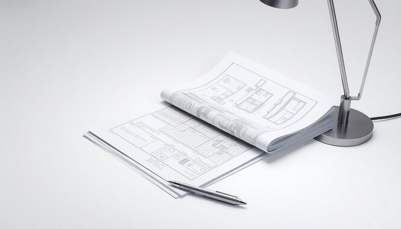 A minimalist studio still life photograph featuring a stack of architectural blueprints, a silver pen, and a sleek, modern desk lamp on a clean, white background, conceptually representing the strategic acquisition of medical office properties.