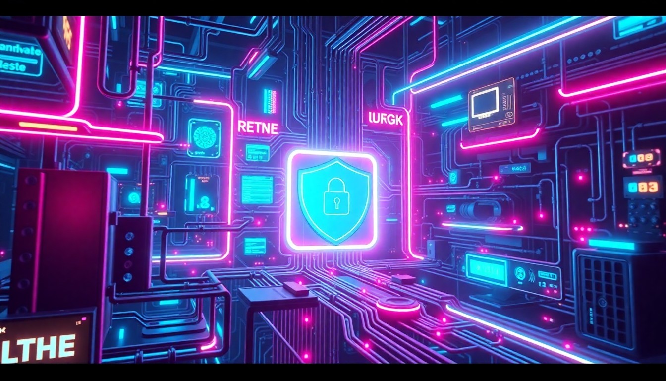 A highly detailed, glowing 3D illustration of a complex cybersecurity infrastructure, with neon cyan and magenta lights illuminating the various components, conceptually representing the cutting edge of digital security technology.
