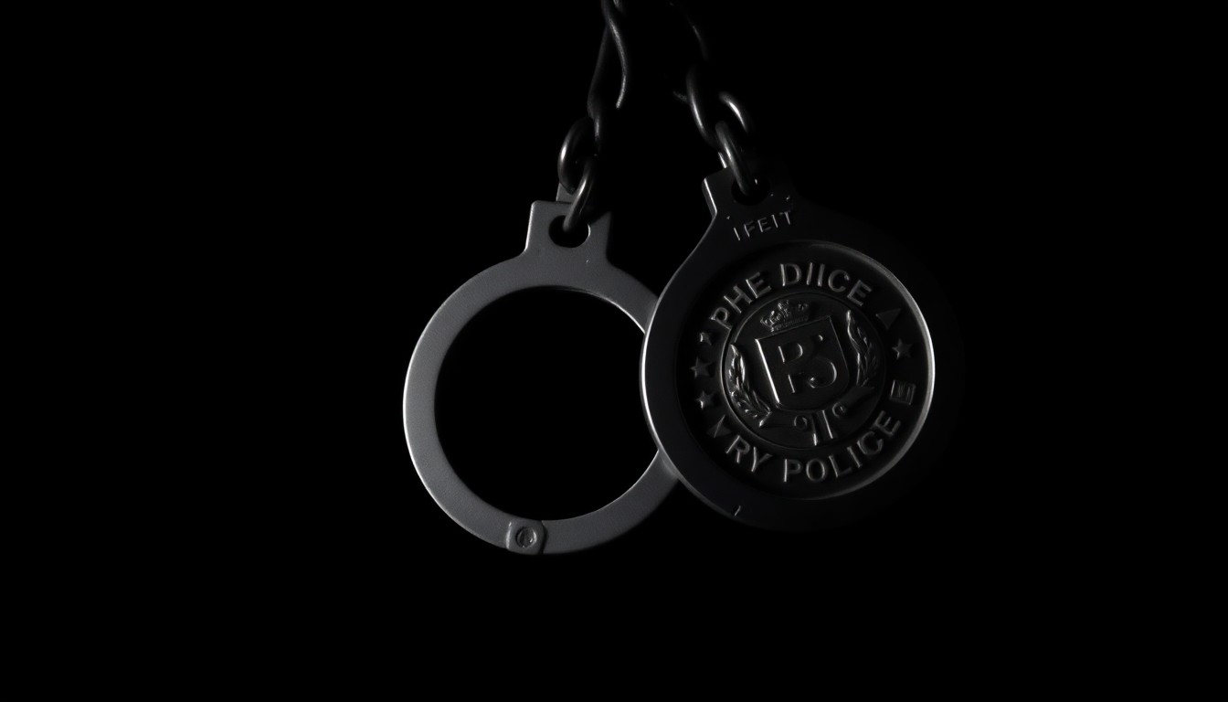 An extreme close-up photograph of a police badge or handcuffs against a pitch-black background, lit by a harsh, direct camera flash to create a stark, gritty, investigative aesthetic.