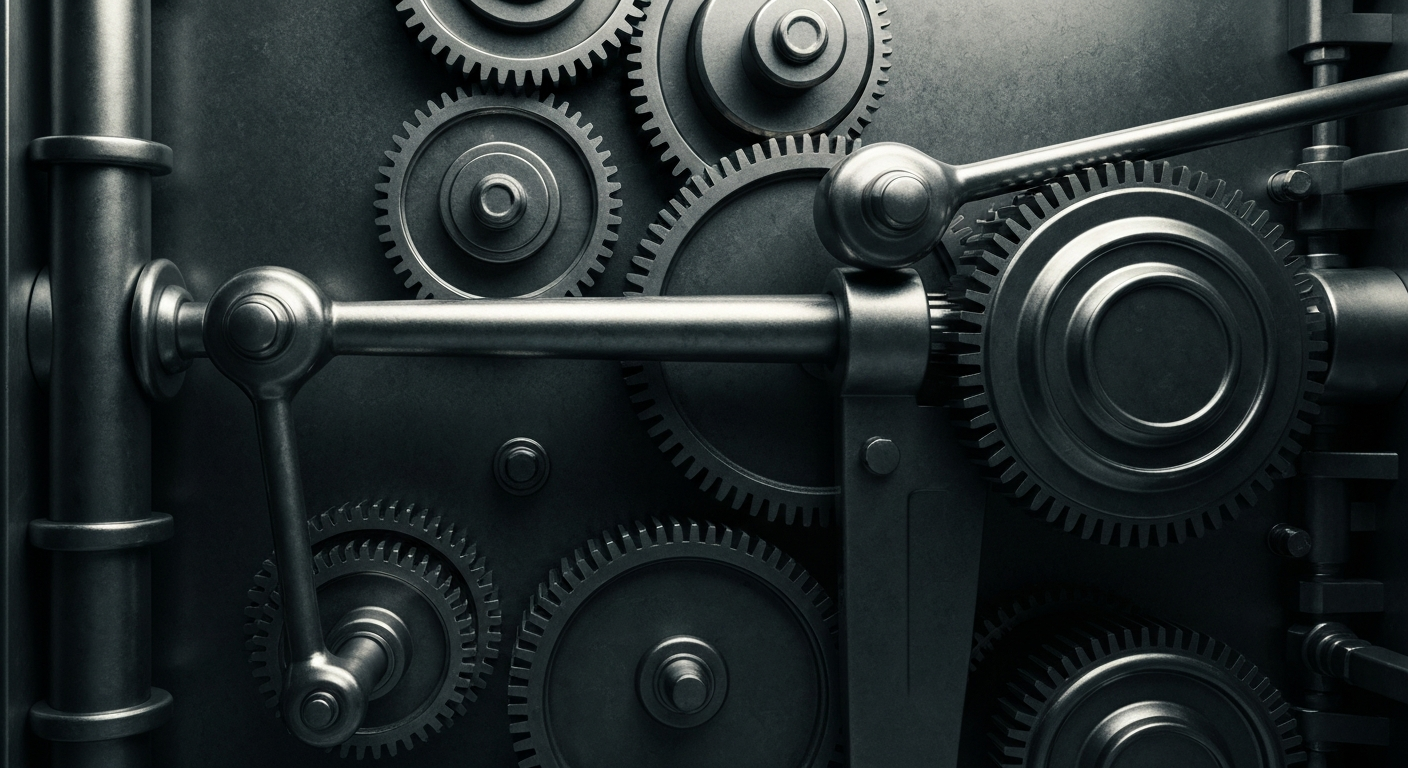 An extreme close-up of the intricate inner mechanisms of a banking vault, with gears, levers, and heavy metal components filling the frame in a dramatic, cinematic composition that conveys a sense of industrial power and financial security.