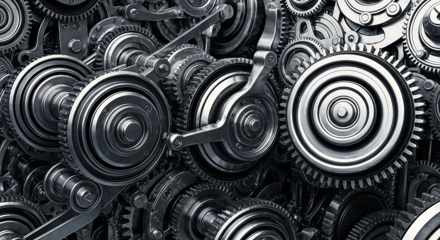 A highly detailed, black-and-white close-up image of the complex mechanical components that make up the infrastructure of the global financial system, conveying a sense of the intricate and powerful forces at play.