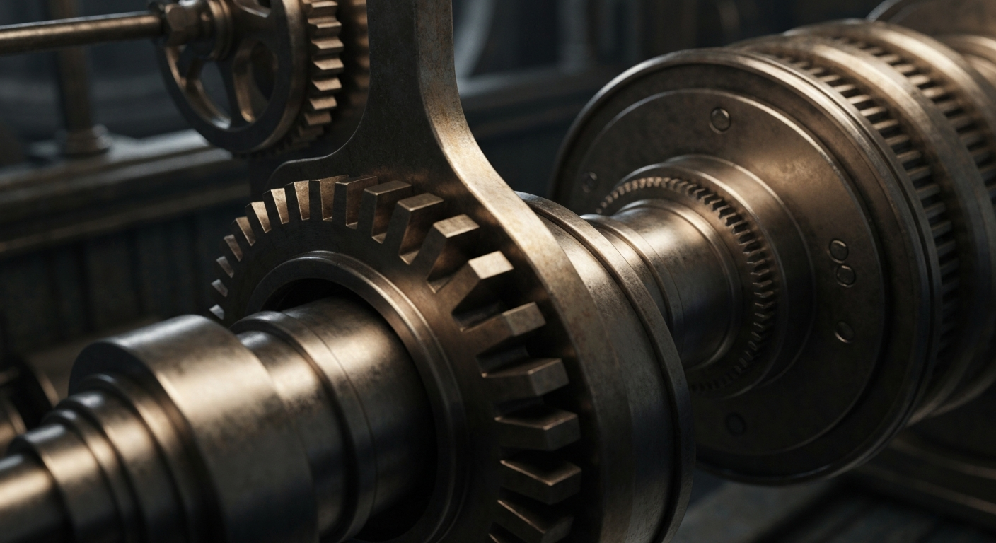 An extreme close-up of complex, interconnected banking machinery and mechanisms, conveying the heavy, industrial nature of financial institutions and the intricate workings of the economy.