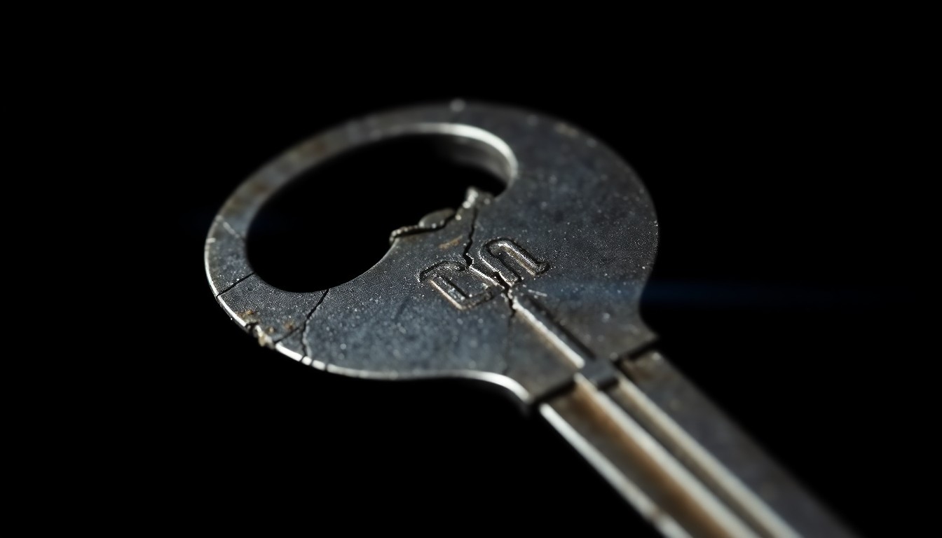 An extreme close-up photograph of a weathered and cracked boat key, reflecting a harsh flash of light against a pitch-black background, conceptually representing the investigation into a woman's disappearance during a boating trip.