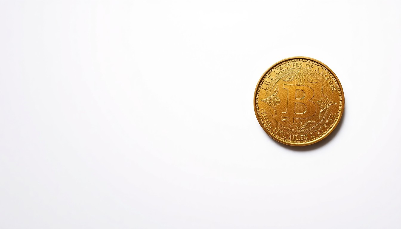 A photorealistic studio still-life image featuring a single golden coin the size of a silver dollar, floating on a clean white background with dramatic studio lighting and deep shadows, conceptually representing the vast wealth required to become a billionaire.