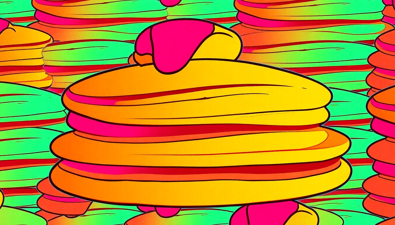 A bold, graphic illustration featuring a repeating pattern of a stack of pancakes in bright, neon colors and heavy black outlines, capturing the energy and creativity of Naples' top brunch spots.