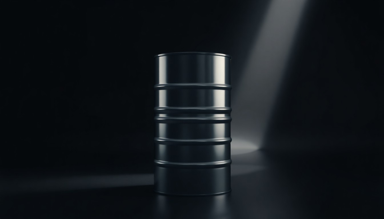A photorealistic studio still life featuring a polished metal oil barrel in a dark, moody setting with dramatic shadows, conceptually representing the abstract challenges facing the global energy industry.
