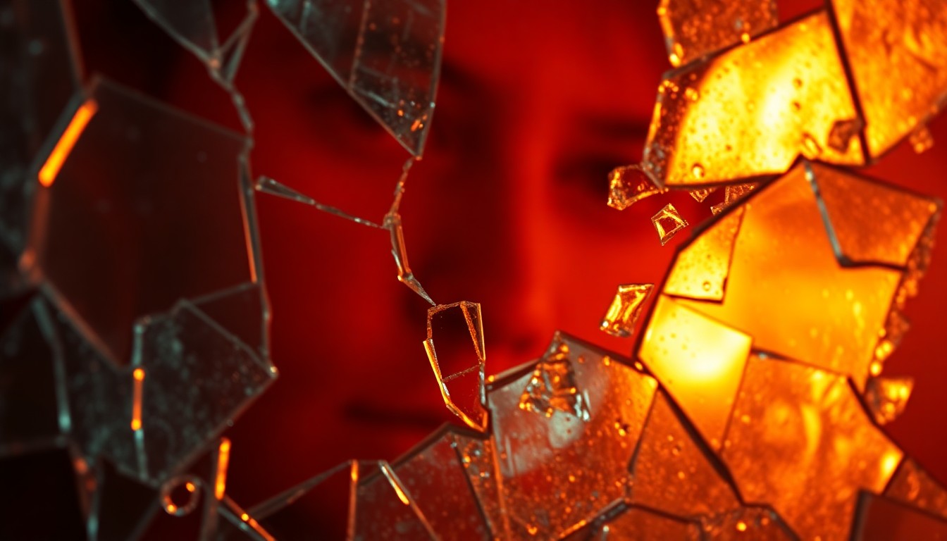 An extreme close-up photograph of shattered glass reflecting warm, dramatic lighting, conceptually representing the complex emotions and revelations explored in the film.