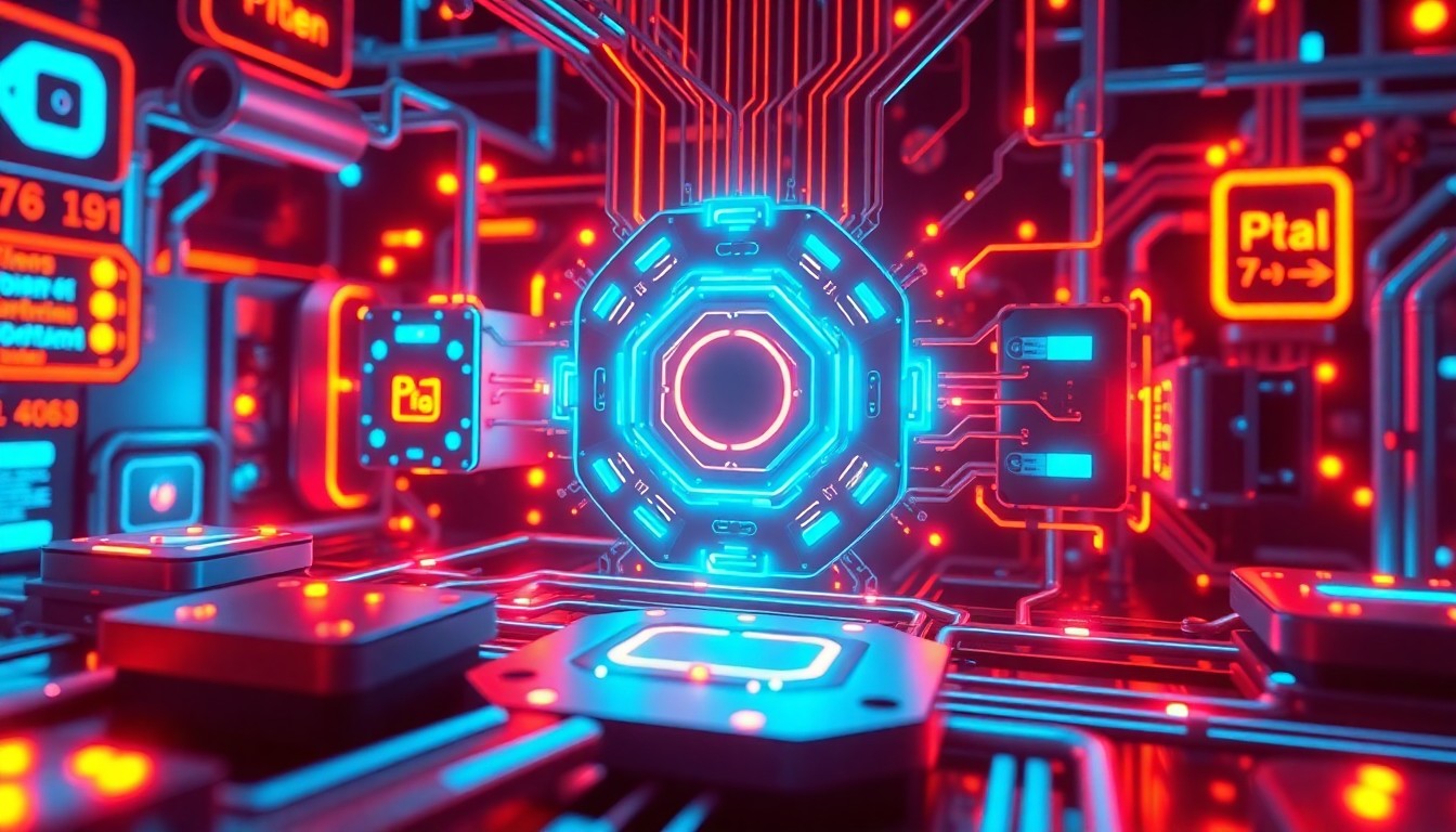 A vibrant, glowing 3D illustration of futuristic cybernetic hardware components in shades of blue, purple, and red, conveying the advanced and complex nature of military AI infrastructure.