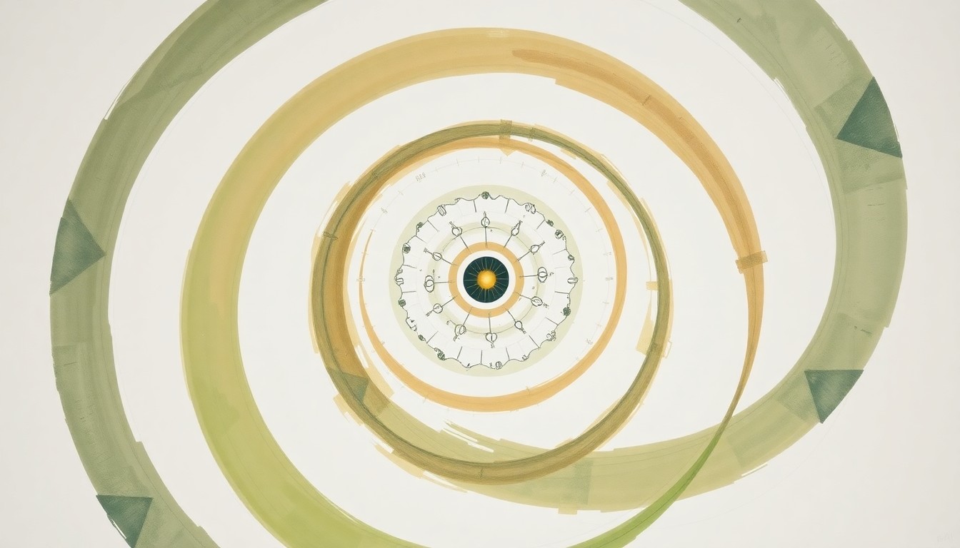 A bold, abstract painting in earthy tones of green, brown, and blue, featuring sweeping geometric arcs, concentric circles, and precise botanical spirals, conceptually representing the complex molecular structure and scientific significance of nicotinamide riboside chloride (NRCl).