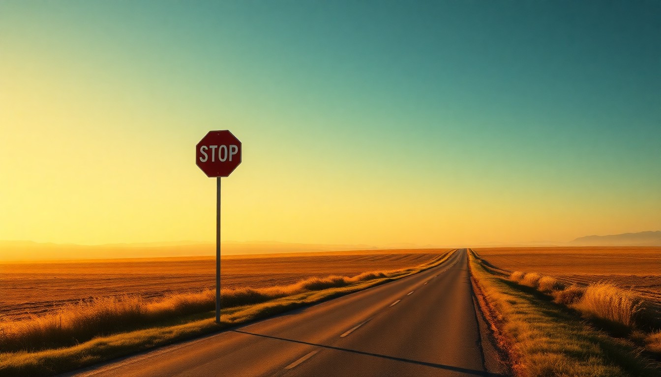 A photorealistic painting of a lone stop sign post on a rural road, with warm sunlight casting deep shadows across the scene, conveying a sense of solitude and the importance of unobstructed sightlines.