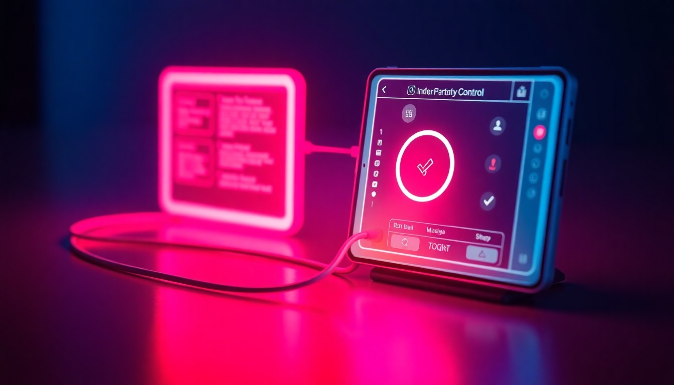 A highly detailed, glowing 3D illustration of a smartphone or tablet device connected by a luminous digital tether to a larger parental control interface, conveying the concept of government-backed device authentication and oversight of youth social media access.
