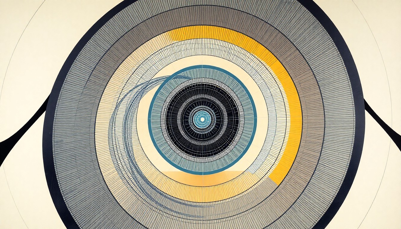 A highly structured abstract painting featuring sweeping geometric arcs, concentric circular forms, and precise botanical or physical spirals in soft, flat colors against a clean background, conceptually representing the complex engineering and physics behind Ampera's new modular nuclear energy system.