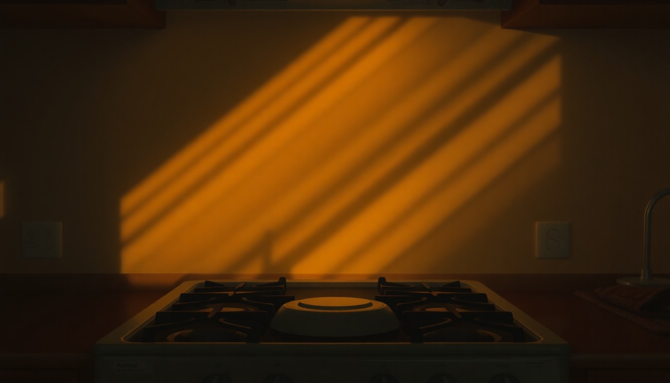 A photorealistic painting of a natural gas stove burner glowing in a dimly lit kitchen, with warm light and deep shadows creating a nostalgic, cinematic mood.