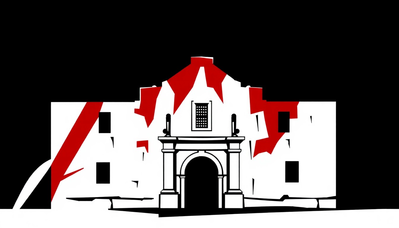 An abstract composition of stark, jagged black silhouettes against a high-contrast red and white background, representing the iconic Alamo mission and the dramatic events of the Texas Revolution.