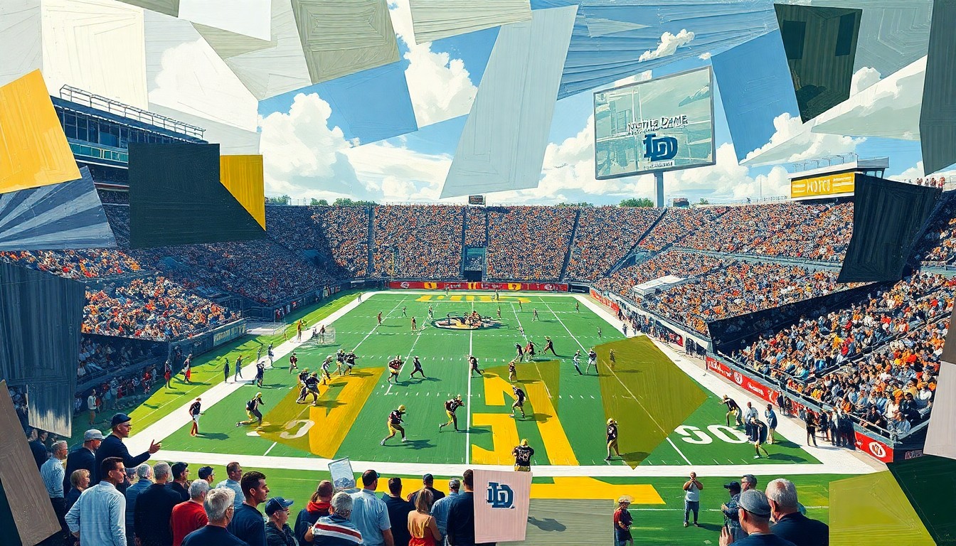 A cubist, geometric painting depicting a Notre Dame football practice or game, with players and field elements broken down into sharp, overlapping planes of color and shape.