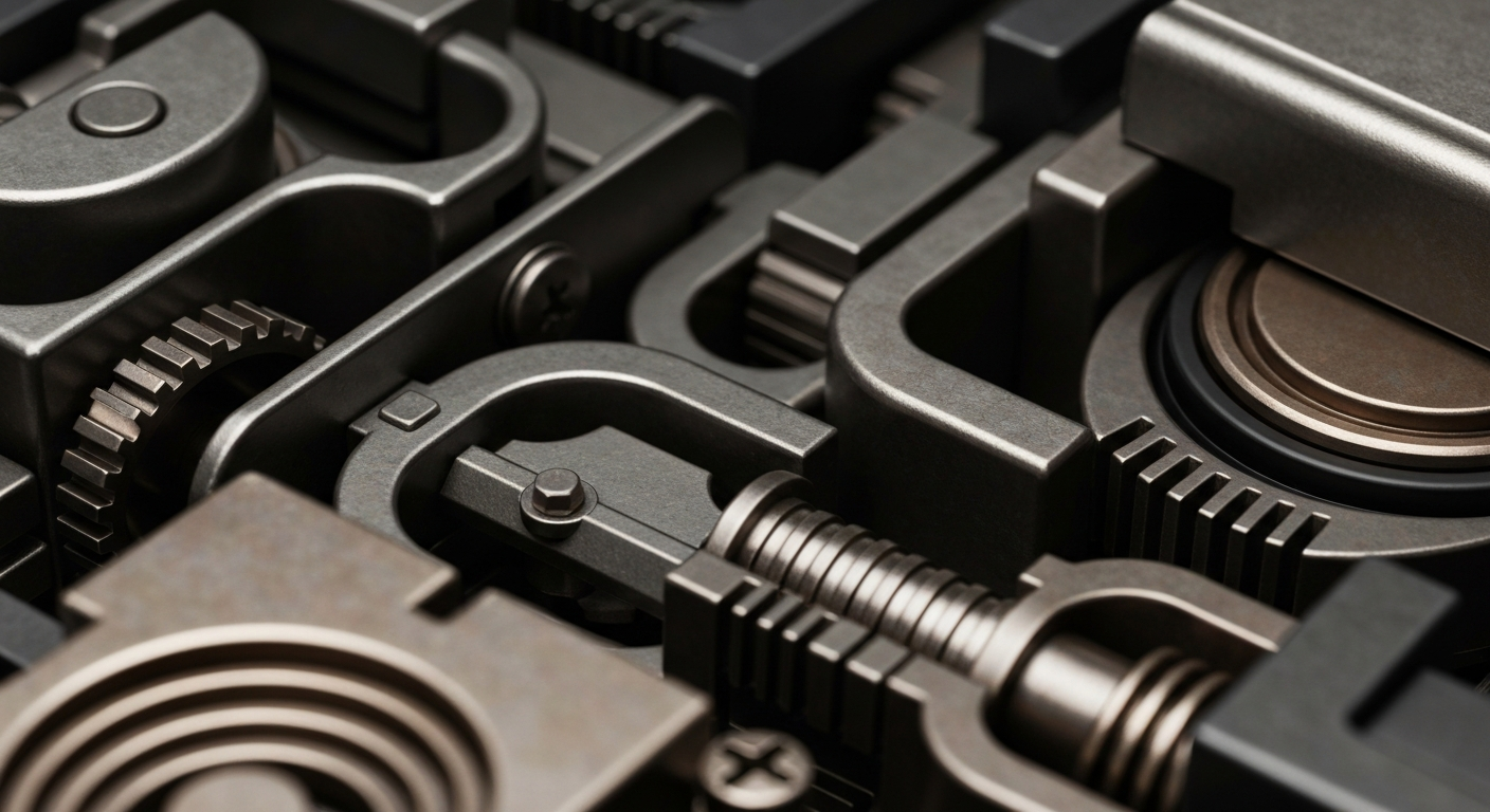 An extreme close-up of heavy, textured banking machinery and mechanisms in shades of steel gray, bronze, and black, conceptually representing the institutional infrastructure of the mortgage and finance industry.