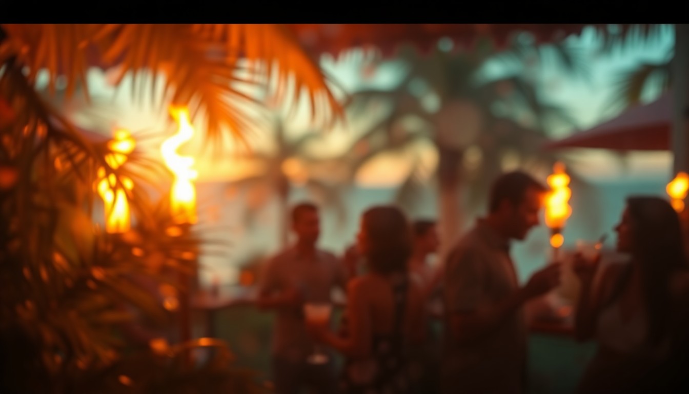 An impressionistic, out-of-focus scene depicting the hazy, dreamlike atmosphere of a tropical tiki bar, with blurred silhouettes of people enjoying cocktails surrounded by lush foliage and tiki torches in warm, saturated colors.