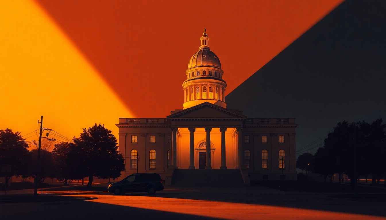 A serene, cinematic painting depicting the Mississippi state capitol building in warm, golden light, conveying a sense of political transition and civic pride.