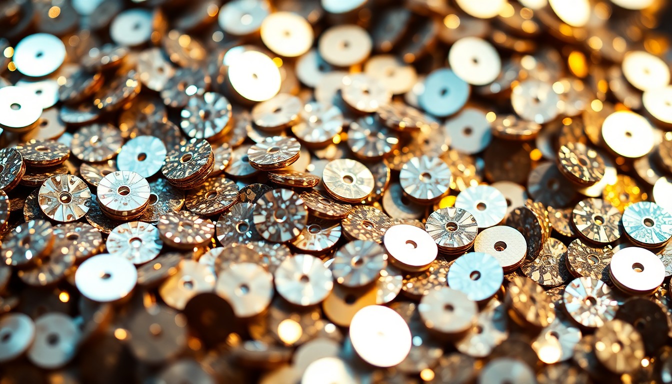 An abstract close-up photograph of shimmering, high-contrast sequins in metallic tones, conceptually representing the glitz and glamour of the music industry.