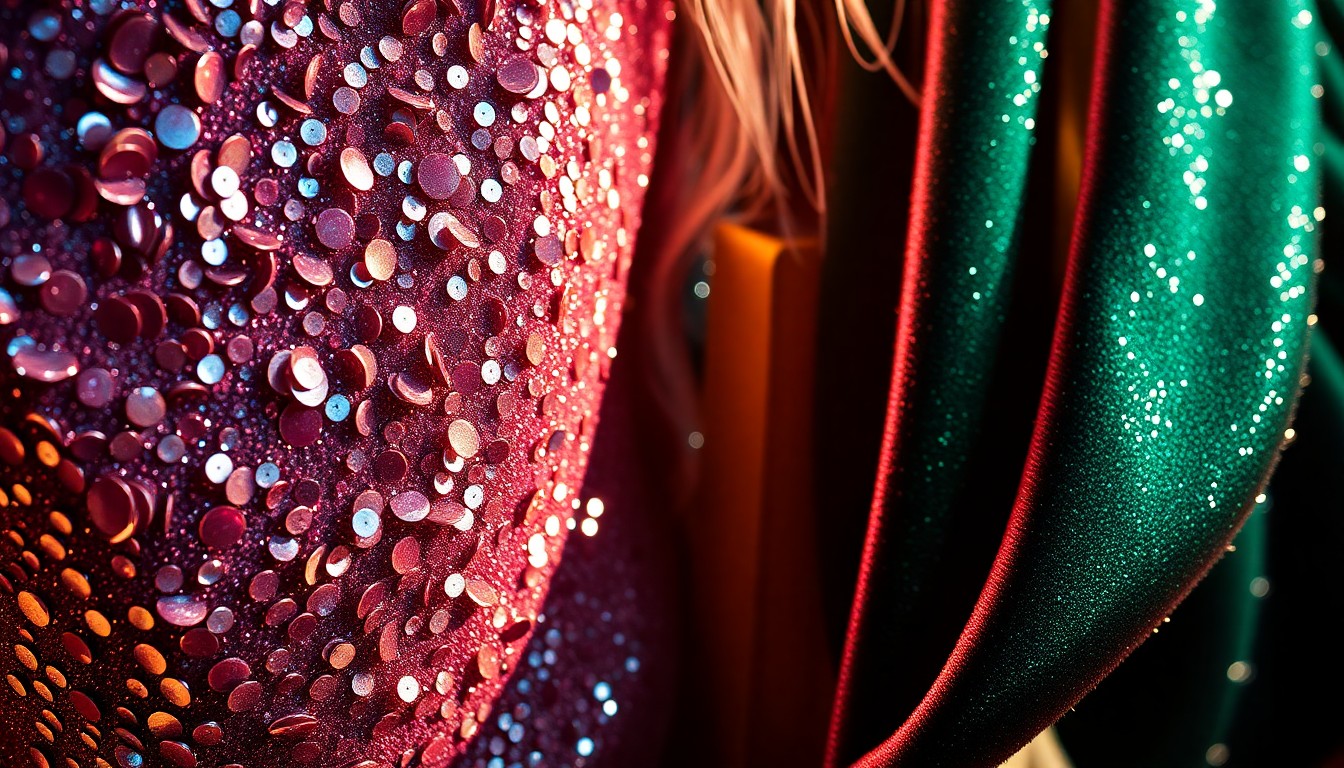 An extreme close-up photograph showcasing the intricate textures and high-contrast lighting of luxurious fabrics like sequins, metallic, and velvet, conceptually representing the glamour and energy of Coachella festival fashion.