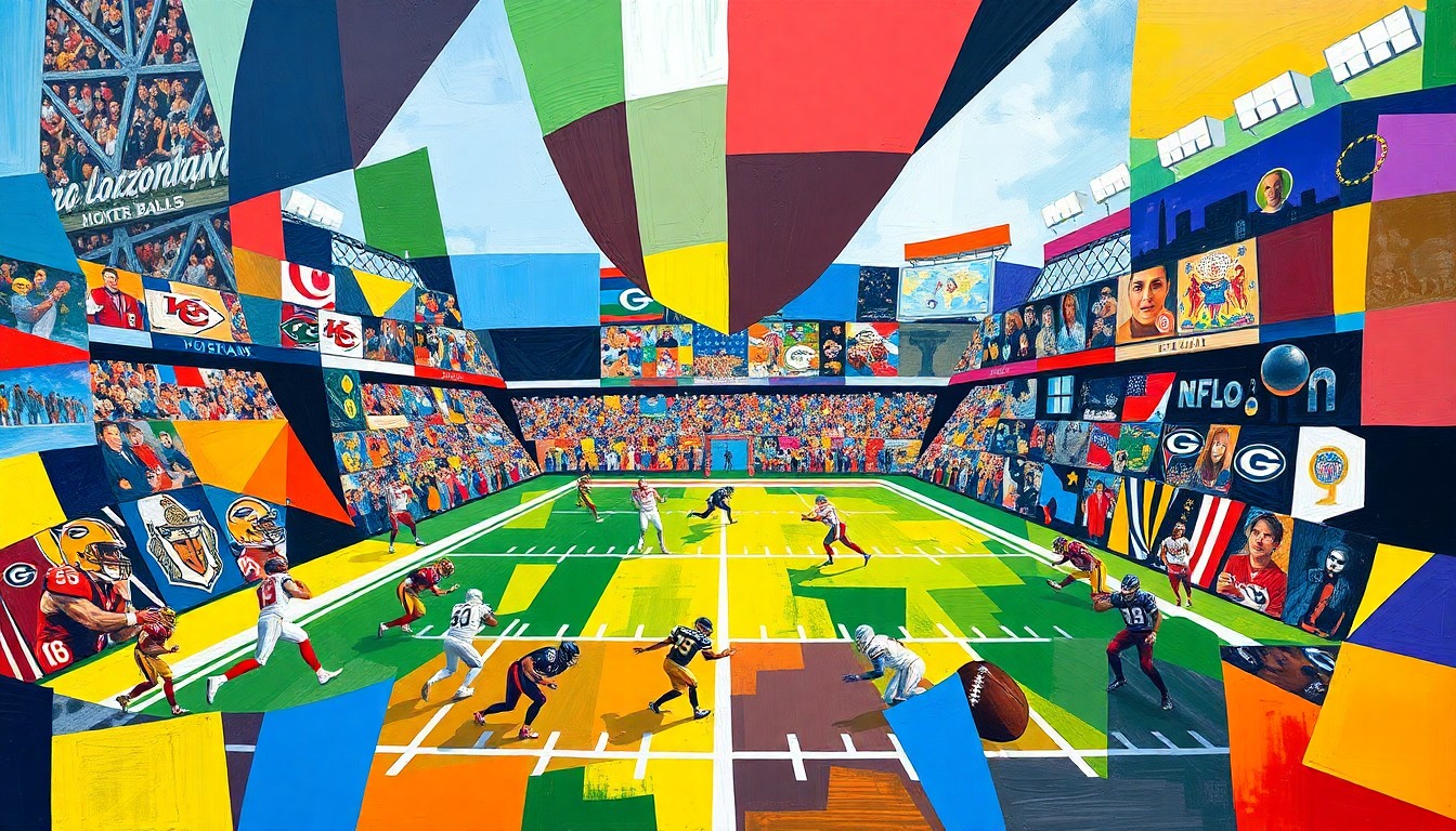 A cubist, geometric painting depicting a fragmented football game, with sharp planes of color representing the competing teams' official palettes, conveying the complex tensions between the NFL and government regulators.