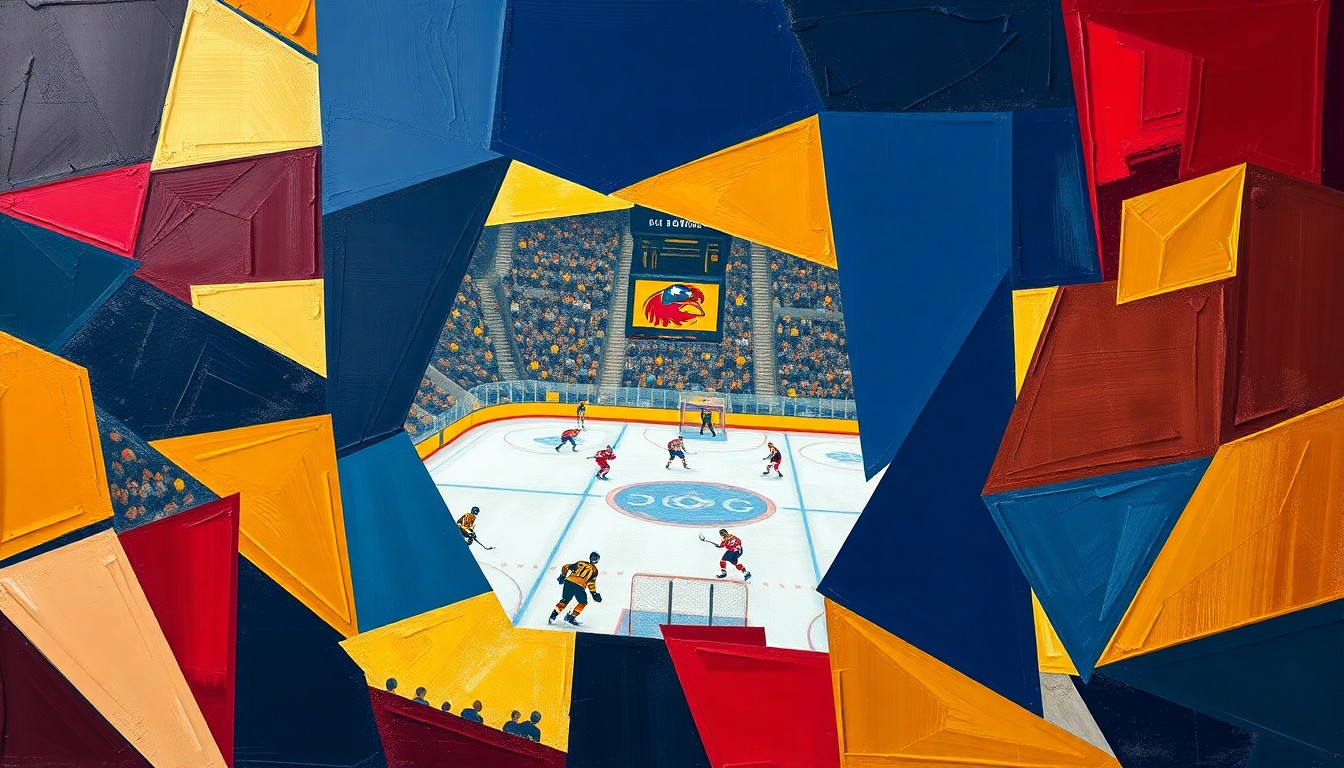 A cubist, geometric painting depicting the action and energy of a college hockey game, with sharp, overlapping planes of color representing the players, the ice, and the arena.