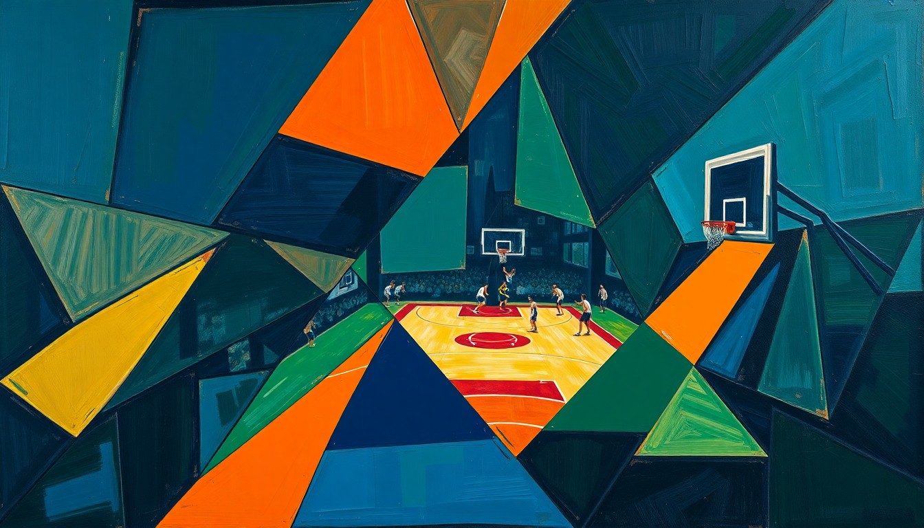 A cubist-style painting featuring overlapping geometric shapes in shades of blue, green, and orange, representing the fragmented and uncertain state of the Sixers' playoff chances without their star center Joel Embiid.