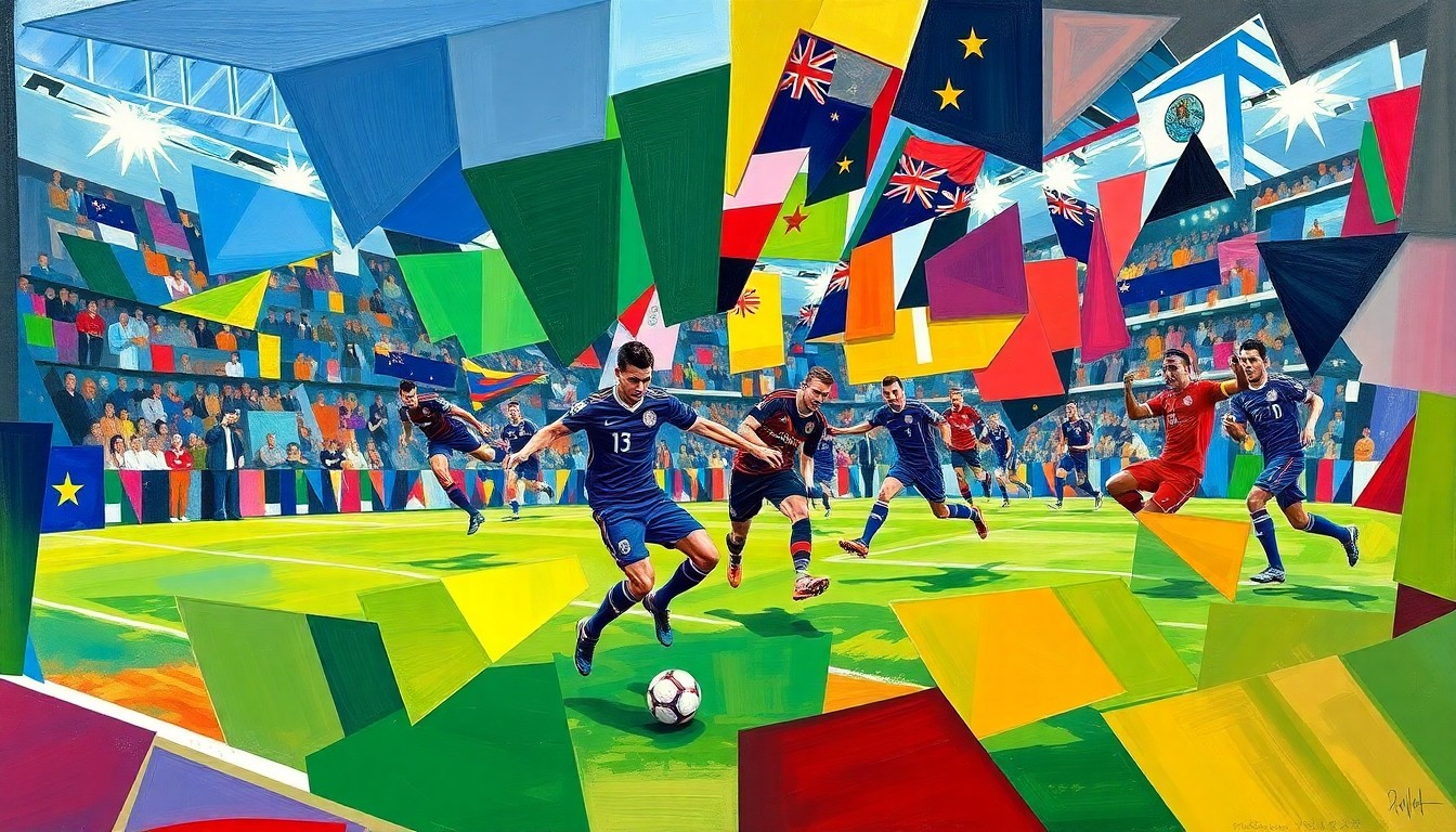 A cubist, geometric painting depicting a soccer match or competition involving the New Zealand national team, with sharp, overlapping planes of vibrant colors representing the team's uniforms and the energy of the sport.