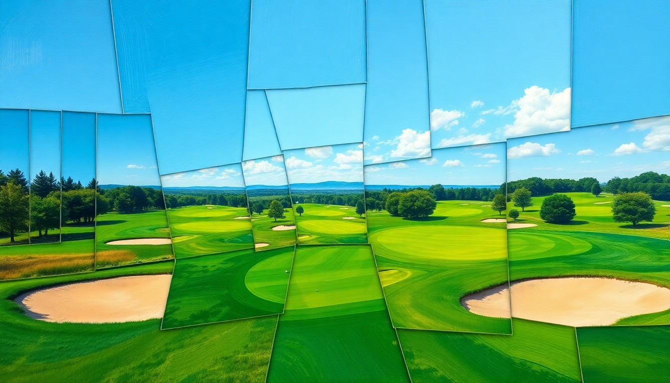 A cubist, multi-perspective painting depicting the geometric shapes and planes of a scenic golf course, with lush green fairways, sand traps, and a blue sky in the background.