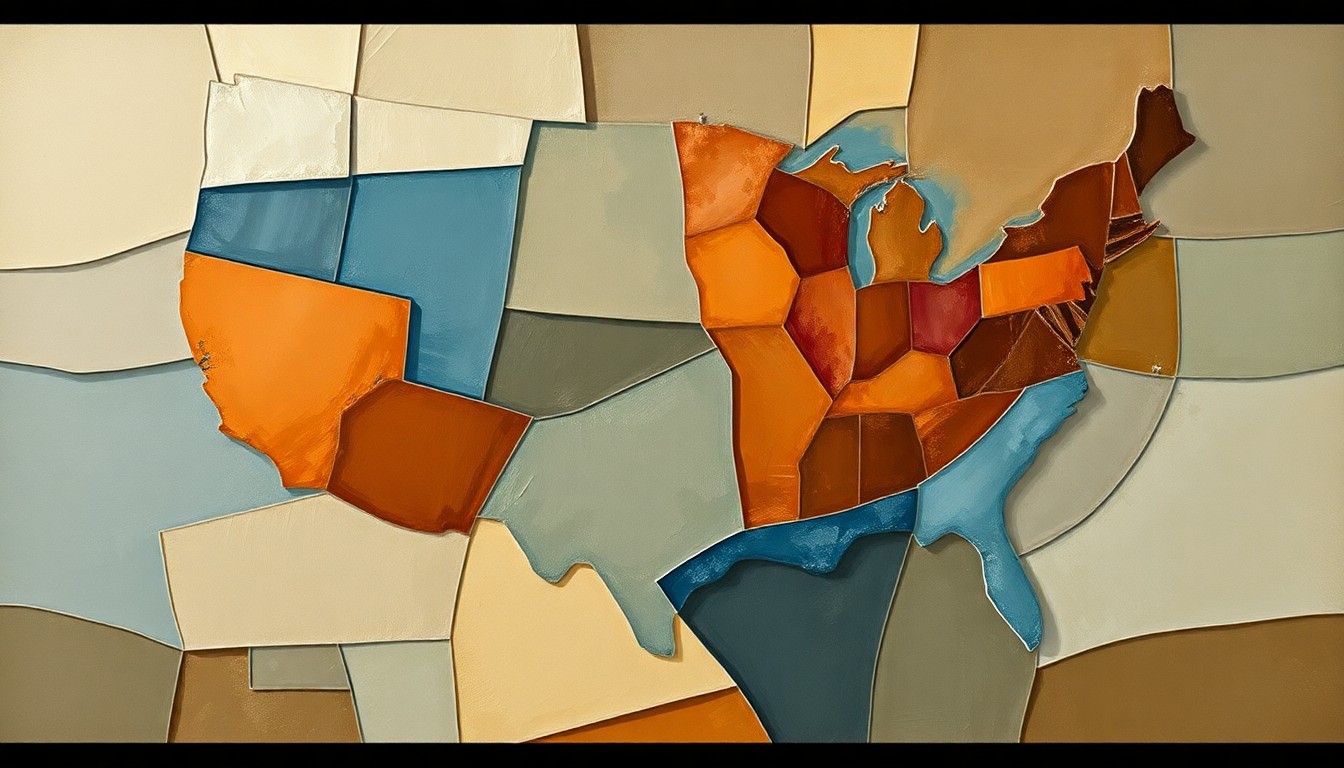 An abstract, fragmented painting in warm earth tones, cool blues, and muted greys, with overlapping geometric shapes and brushstrokes conveying the complex, fast-moving nature of U.S. immigration policy debates.