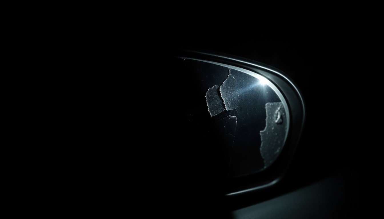 An extreme close-up photograph of a damaged car side mirror, reflecting a faint light and creating a gritty, investigative aesthetic through the use of harsh flash lighting against a dark background.