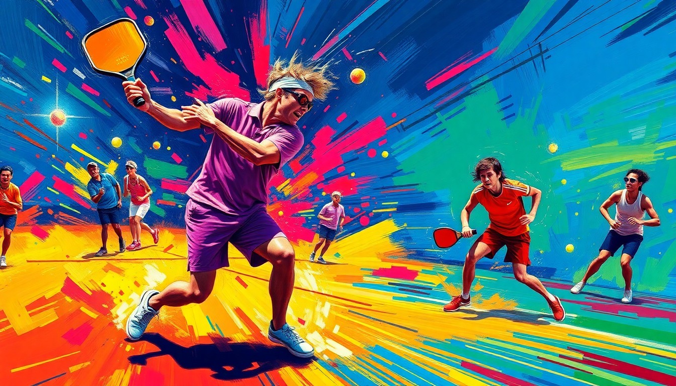 An abstract, expressionist painting in vibrant neon colors, capturing the dynamic motion and energy of professional pickleball players in action, with their faces and identities obscured in the bold, gestural brushstrokes.