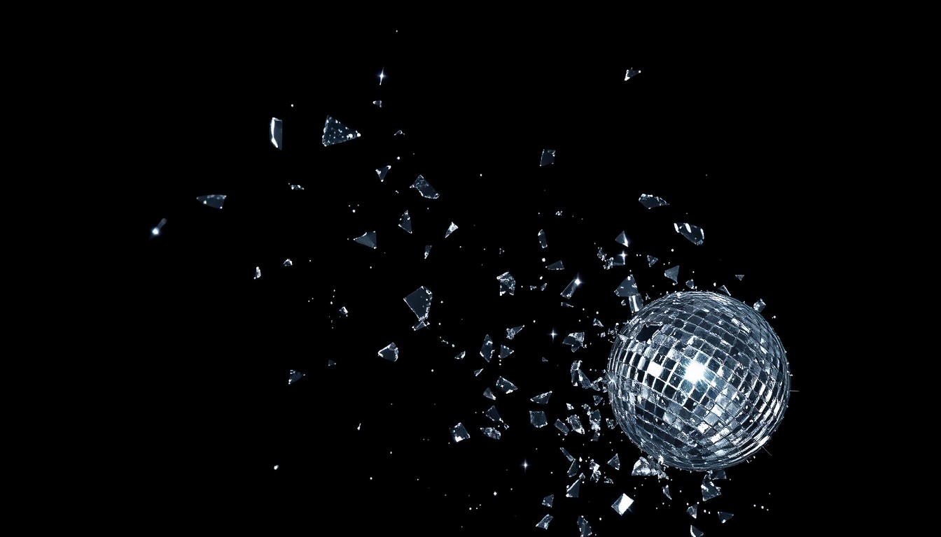 An extreme close-up photograph of shattered, glittering disco ball glass fragments against a deep black background, conceptually representing the resolution of a high-profile legal dispute.
