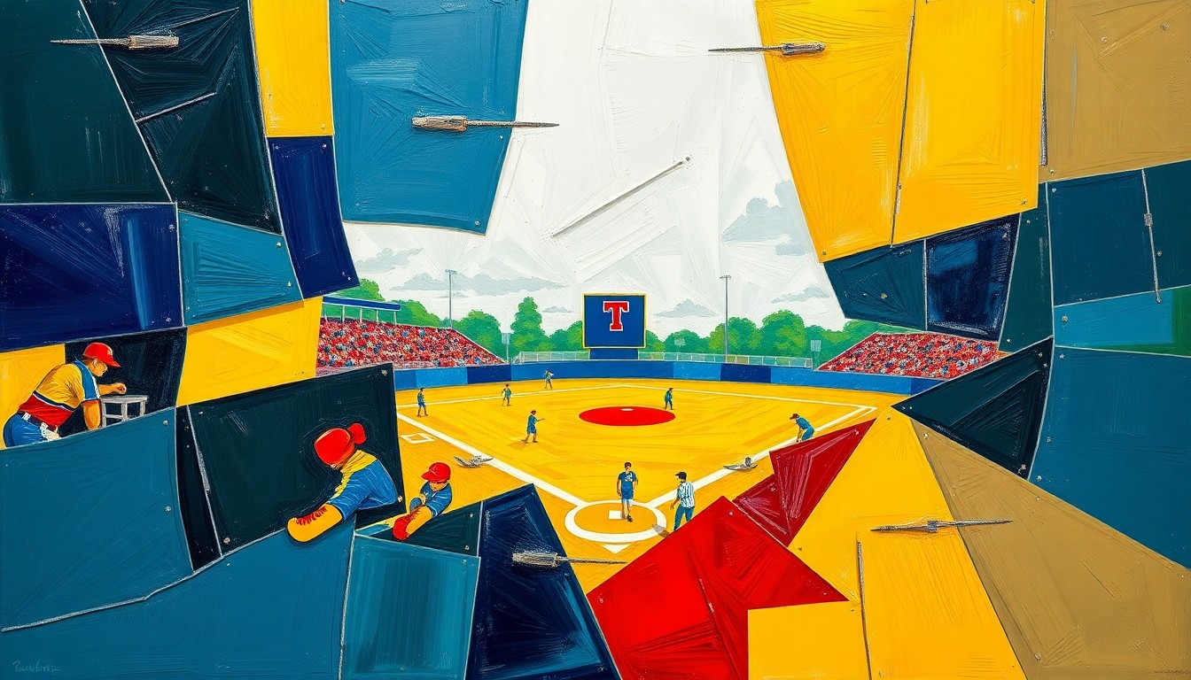 A fractured, multi-perspective painting in bold, overlapping geometric shapes and planes of navy blue, gold, and red, conceptually representing the high-energy action of a high school softball game.