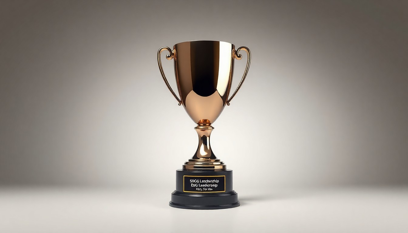 A photorealistic studio still-life image of a polished metal trophy or award on a clean, monochromatic background, symbolizing Sands' recognition for its environmental, social and governance leadership.