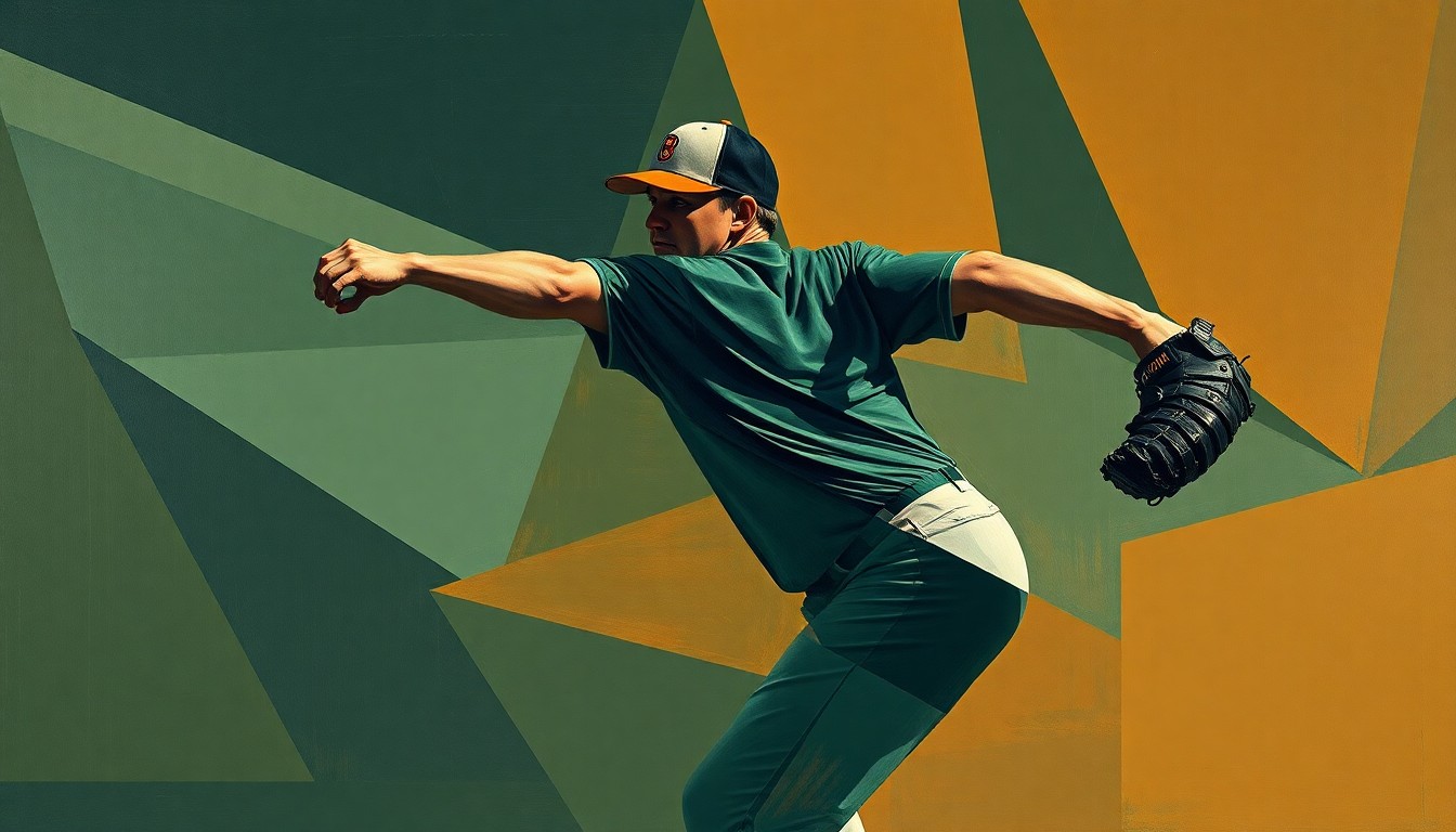 A fractured, multi-perspective painting depicting a baseball pitcher's motion broken down into sharp, overlapping geometric planes in muted tones of navy, forest green, and burnt orange.