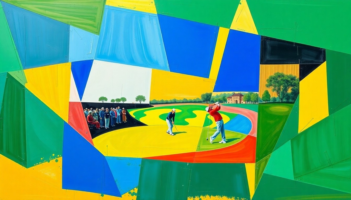 A fragmented, geometric painting depicting a golf match or tournament, with sharp planes of color and overlapping shapes representing the complexities of Tiger Woods' current situation.