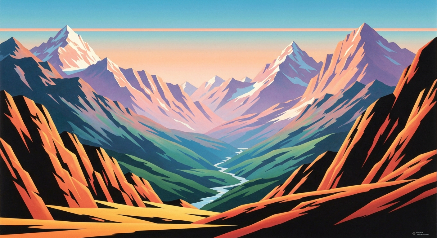 A bold, geometric illustration in the Art Deco style depicting the sweeping grandeur of the Rocky Mountains, with towering peaks and valleys rendered in smooth, airbrushed gradients of earthy greens, blues, and grays, capturing the sense of scale and adventure of outdoor exploration in this iconic national park.